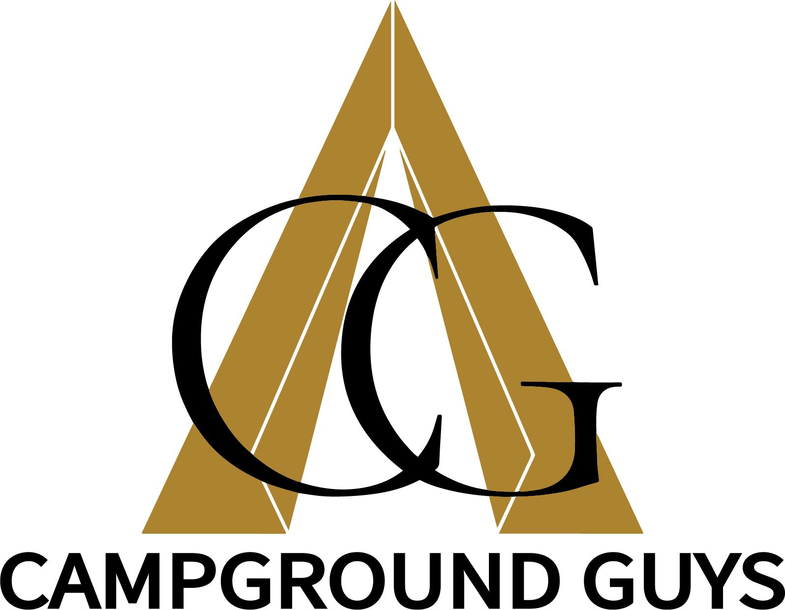 Logo for Campground Guys: Gold A-shape with overlapping black "CG" letters above black text "CAMPGROUND GUYS".