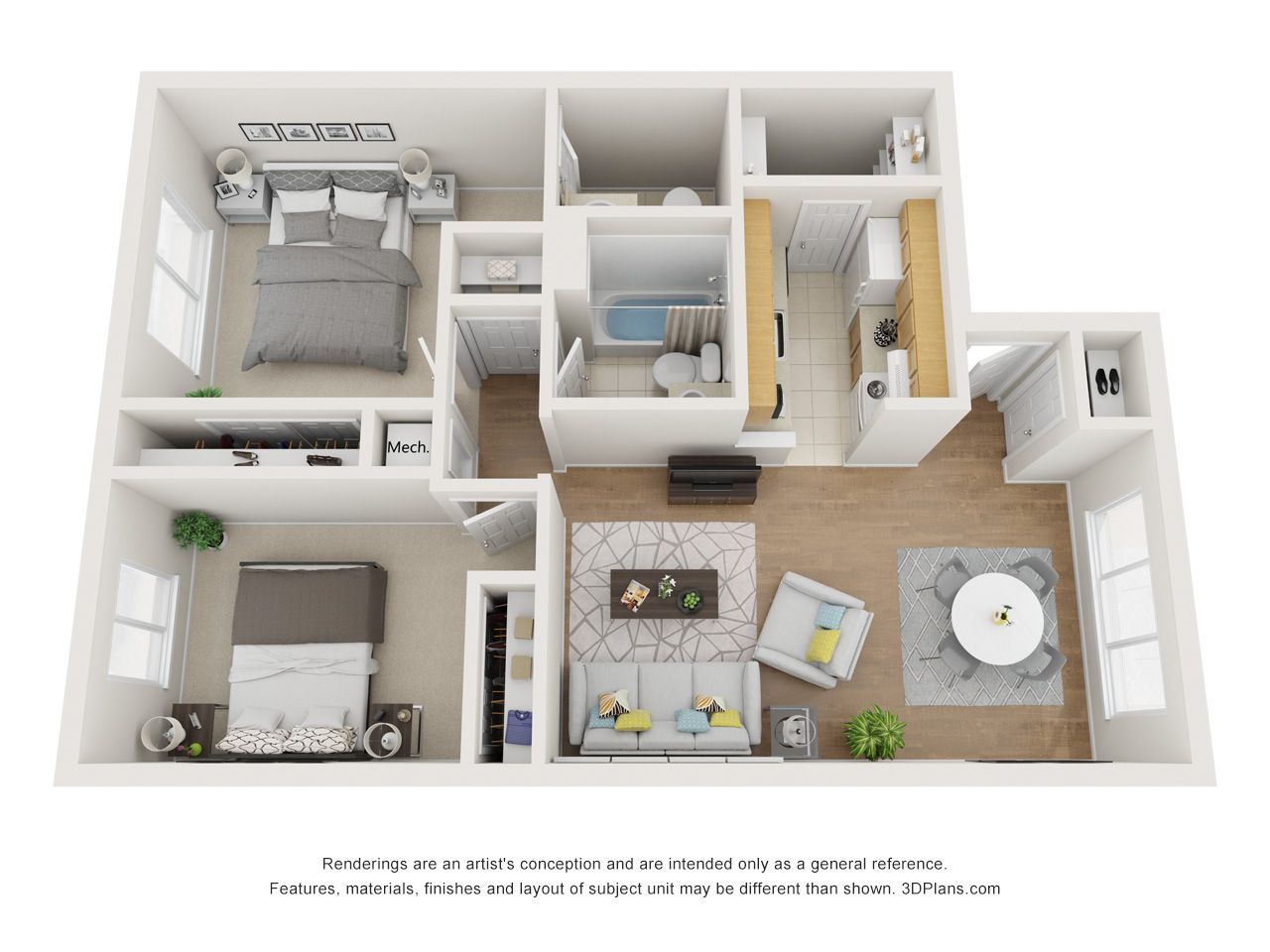 A 3d floor plan of a house with a bedroom , living room , and kitchen.