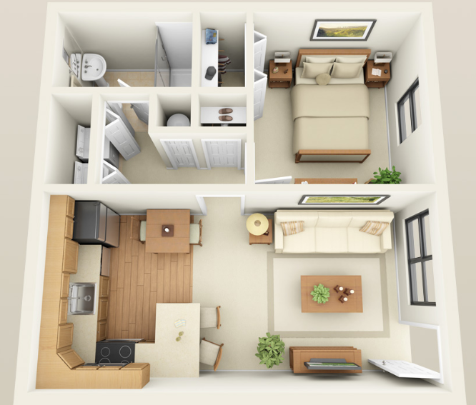 A 3d floor plan of a small apartment