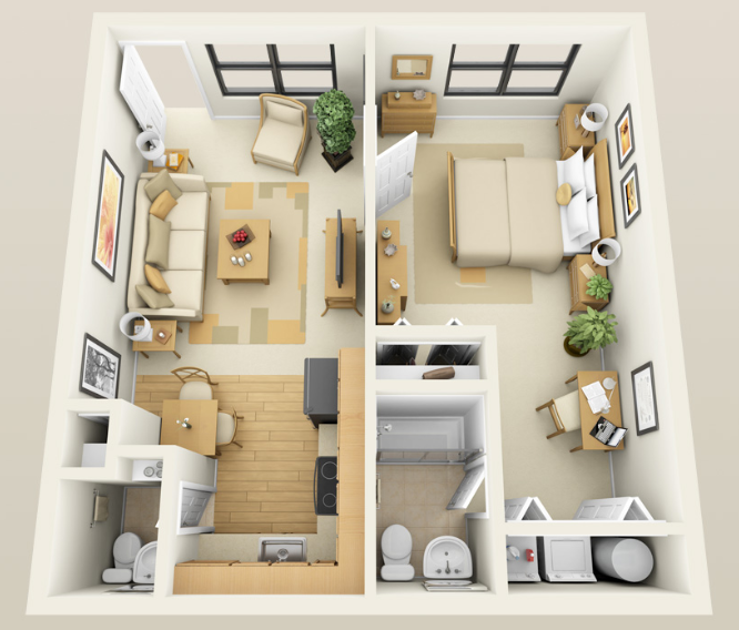 A 3d floor plan of a small apartment