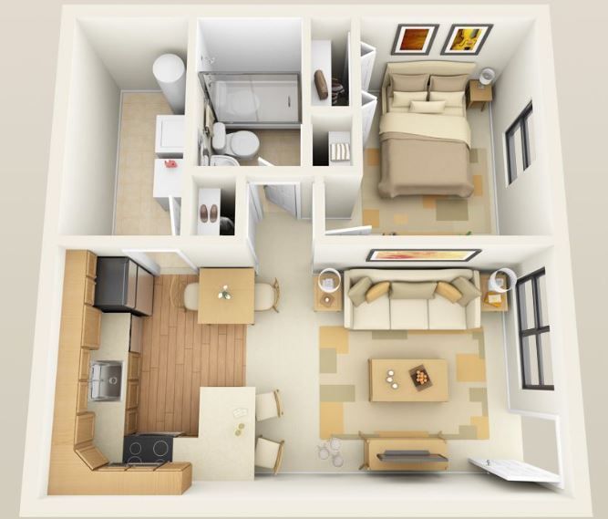 A 3d floor plan of a small apartment
