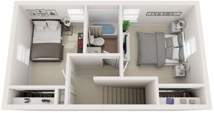 A 3d floor plan of a house with two bedrooms , a bathroom , and a staircase.