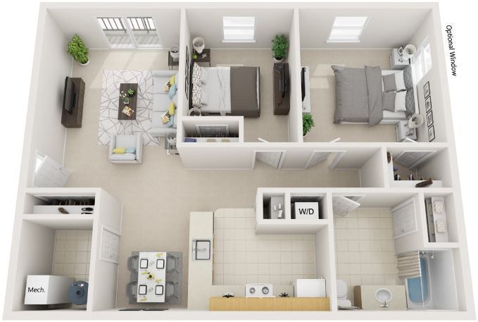 A 3d floor plan of a house with two bedrooms and a living room.