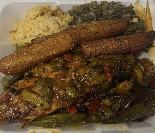 Plate with rice, greens, stewed vegetables, and two browned fried sausages