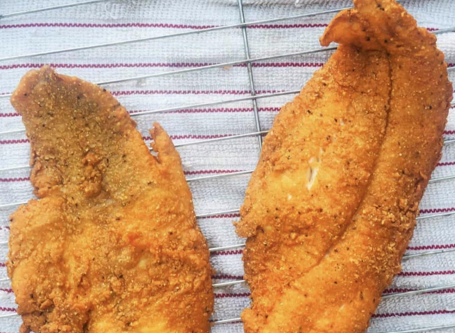 Two breaded, golden-brown fried fillets on a wire rack