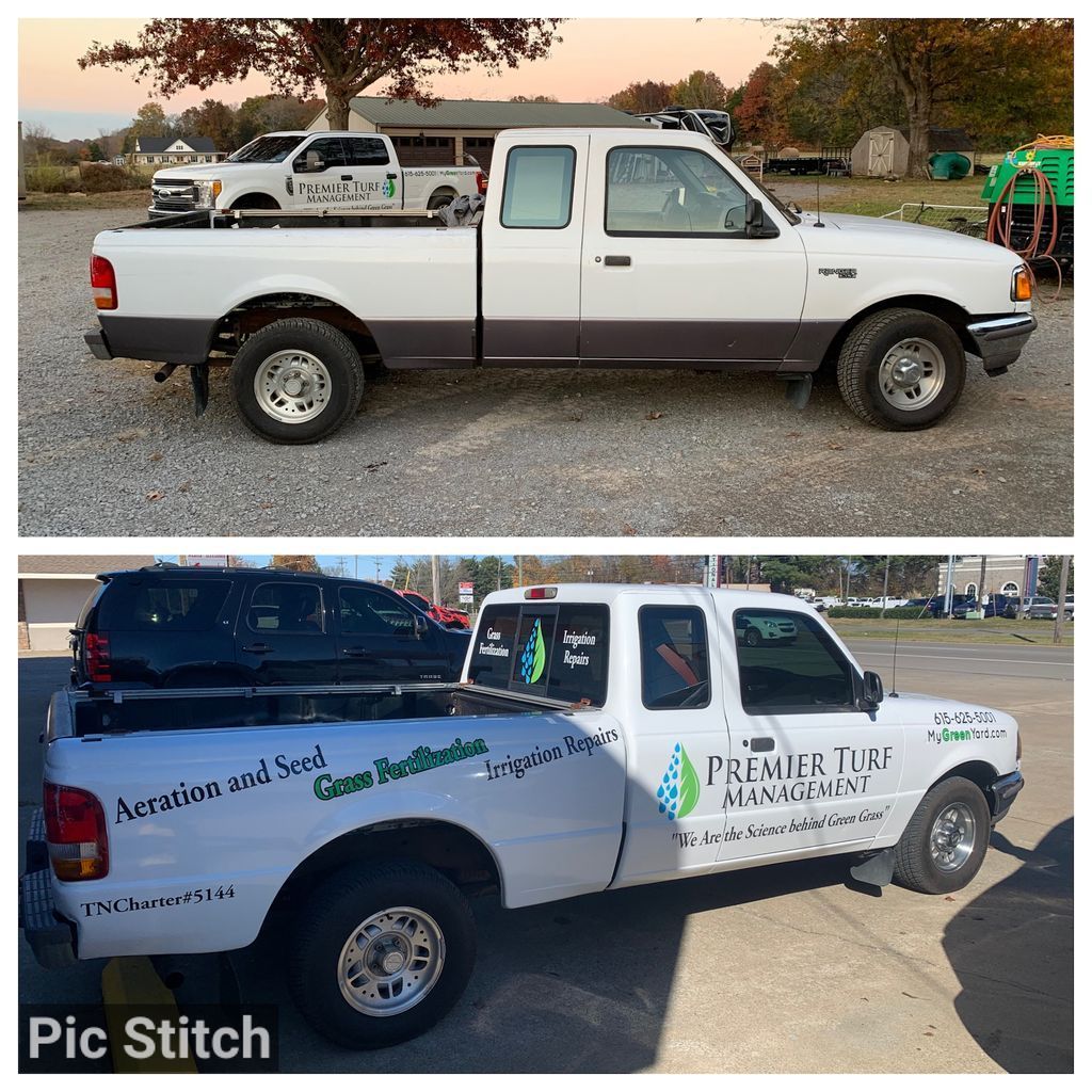 White pickup truck shown in side-view photos, with business decals, parked outdoors on gravel.