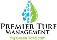 Premier Turf Management logo with blue water drops, green leaf, and My Green Yard.com text