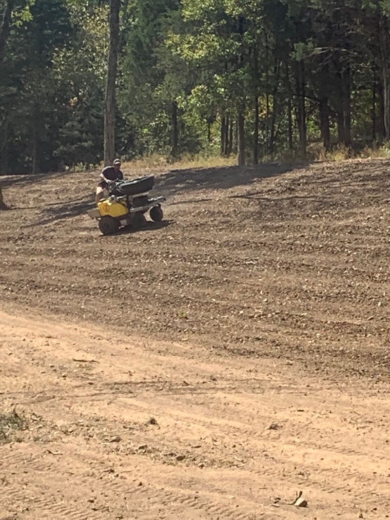 Small yellow off-road vehicle on a dirt track beside a wooded area