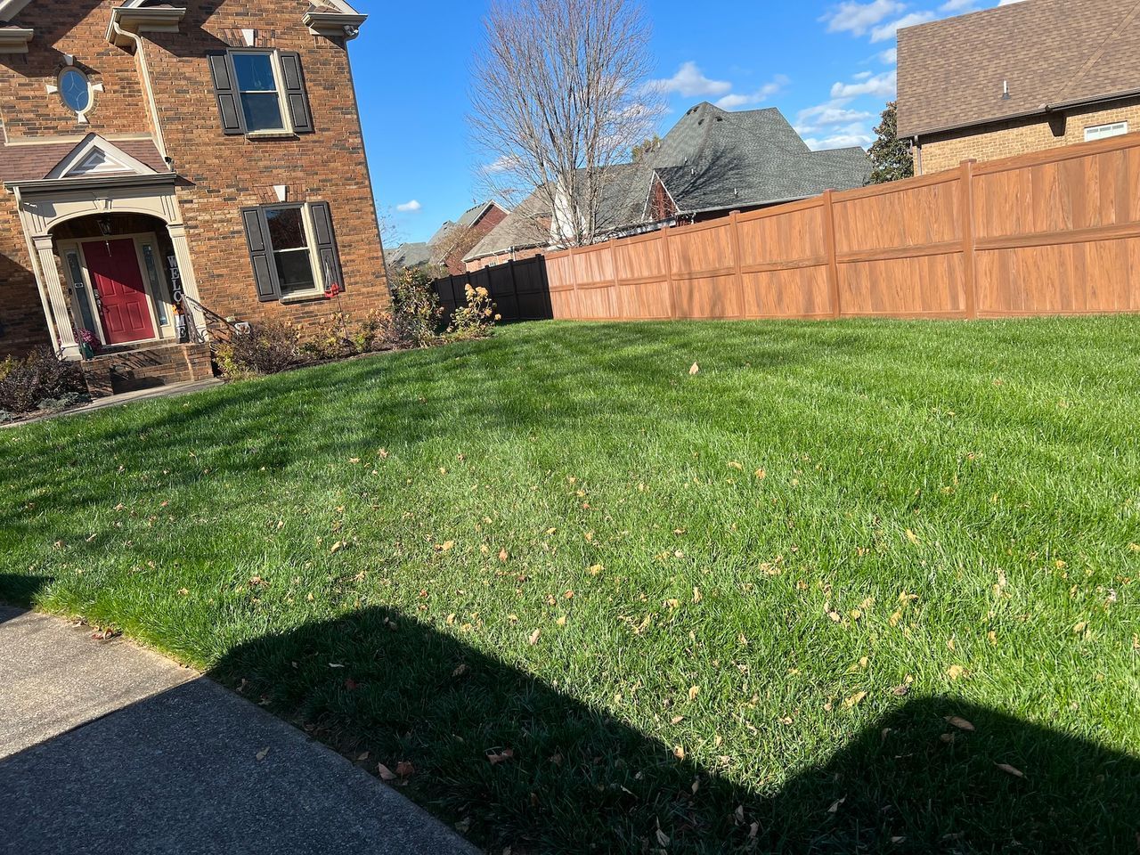 Brick house and wooden fence beside a sunlit grassy yard under a blue sky.
