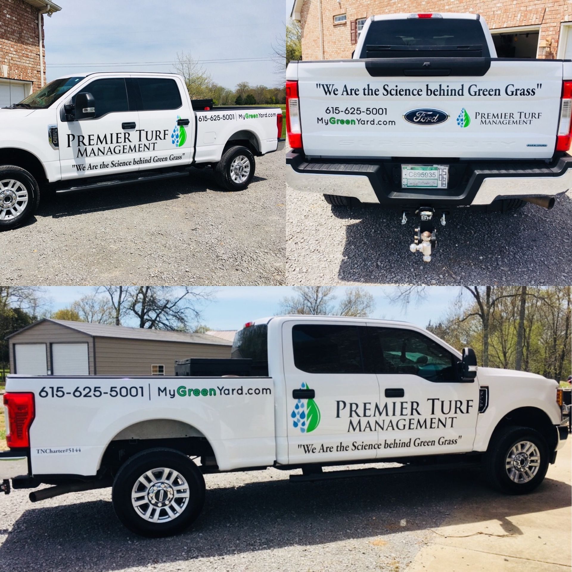 White Premier Turf Management pickup trucks parked outdoors, showing company logos and contact information.