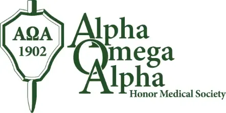 Green Alpha Omega Alpha Honor Medical Society logo with shield and staff.