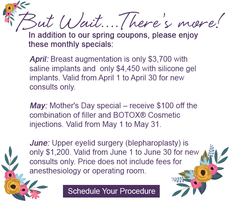 Promotional graphic with monthly specials for cosmetic procedures, including breast augmentation, filler/Botox, and eyelid surgery.