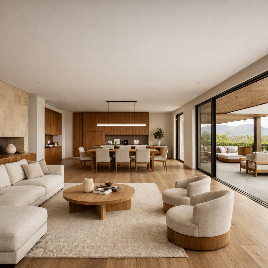 Salón moderno de planta abierta con sofá beige, sillas redondas y cocina con vistas al patio.