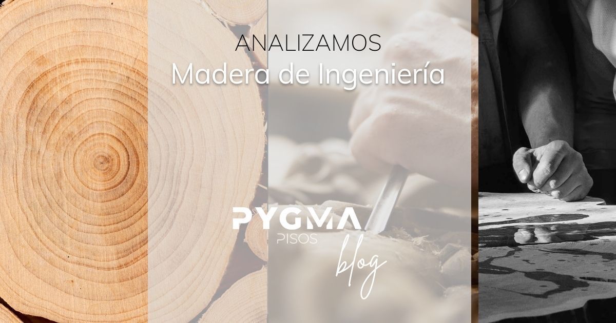 Sección transversal de madera, veta de madera y trabajo de carpintería; texto: “AN ALLAMOS Madera de Ingeniería PYGMA wood”