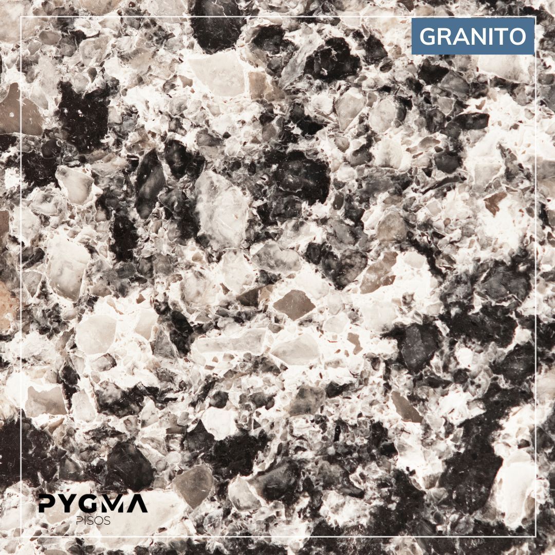 Muestra de granito con un patrón moteado gris, blanco y negro, etiquetada como “GRANITO” y “PYGMA”.