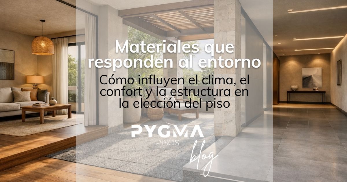 Sala de estar moderna con texto en español sobre materiales y confort en el diseño de pisos.