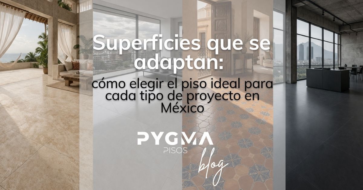 Collage de estilos de pisos interiores con texto en español sobre cómo elegir el piso adecuado para cada proyecto en México.