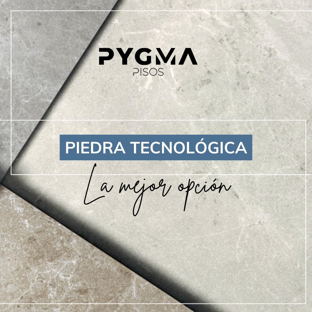 Logo de PYGVA Pisos y texto “Piedra Tecnológica, la mejor opción” sobre fondo de piedra gris.