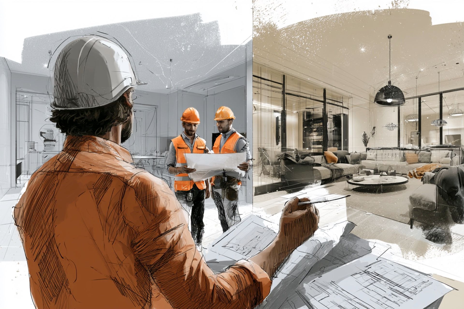 Trabajador revisa planos arquitectónicos mientras, de fondo, se ven la cuadrilla de construcción y representaciones visuales de interiores modernos.