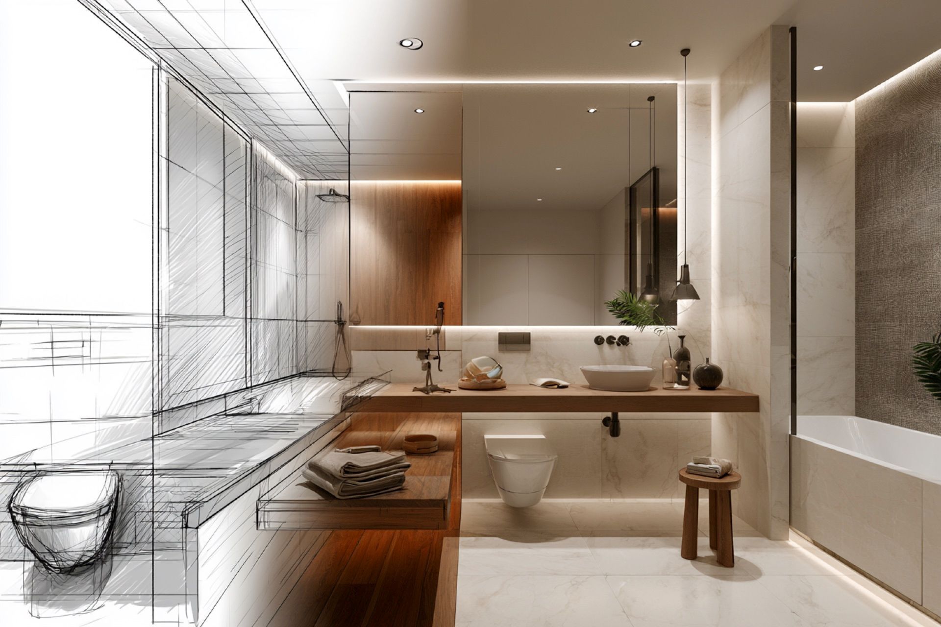 Baño moderno y minimalista con pisos y revestimientos de porcelanato, y detalles en madera y cerámicos.