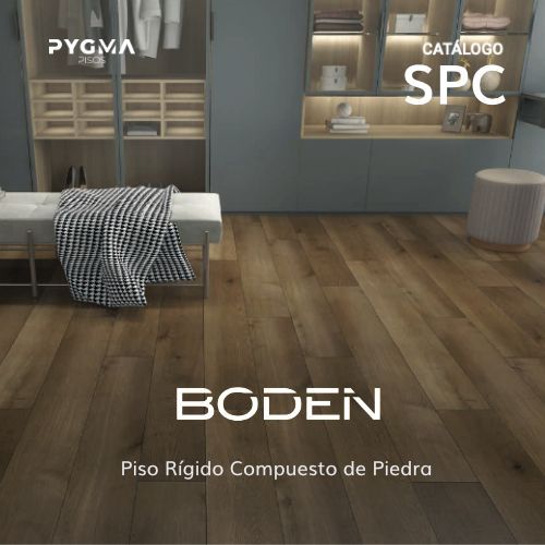 Dormitorio moderno con suelo de imitación madera oscura y texto de catálogo en español “BODEN” y “Piso Rígido Compuesto de Piedra”.