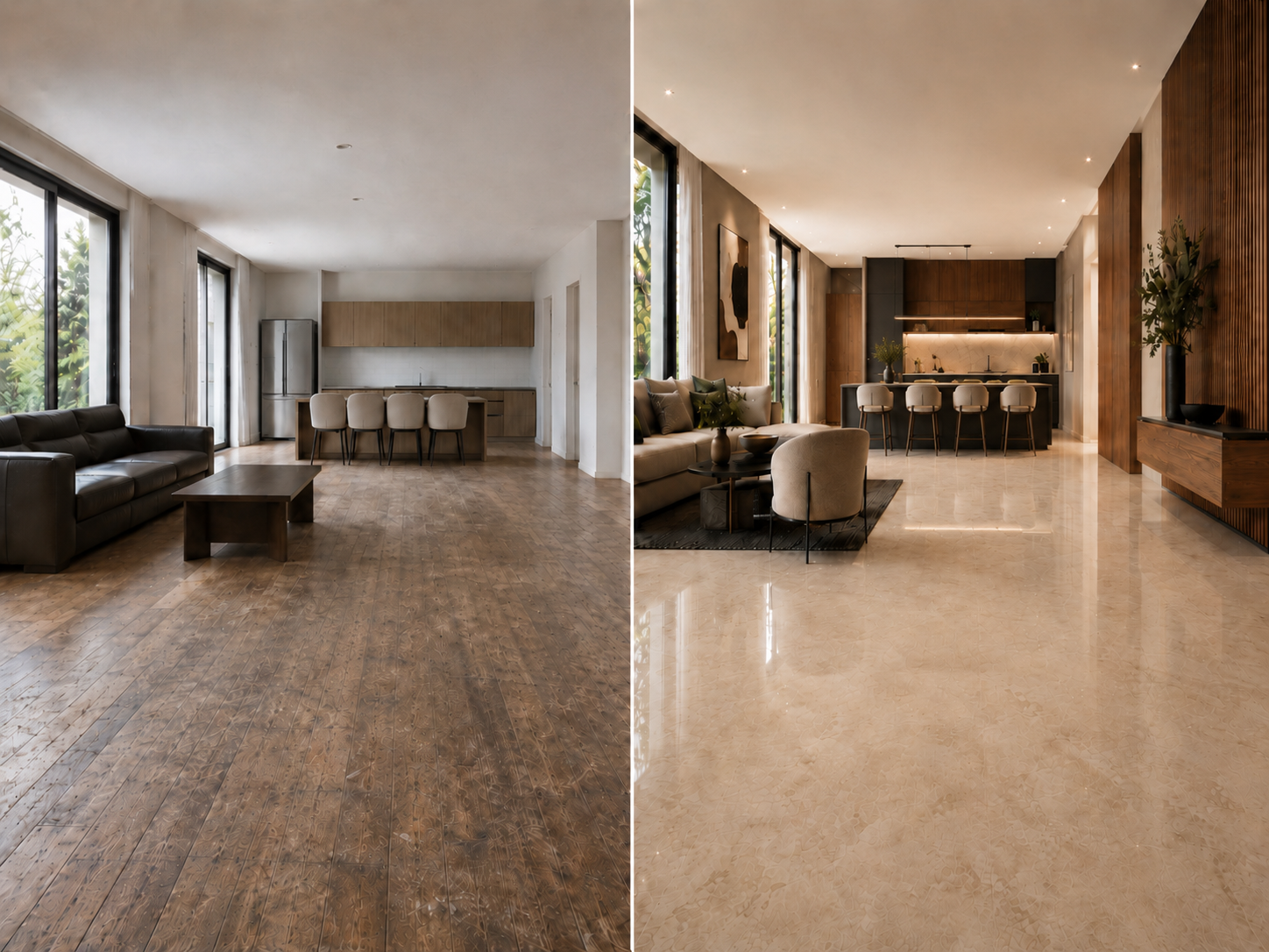 Sala de estar moderna con suelos de madera y mármol, sofás, grandes ventanales y una mesa consola.