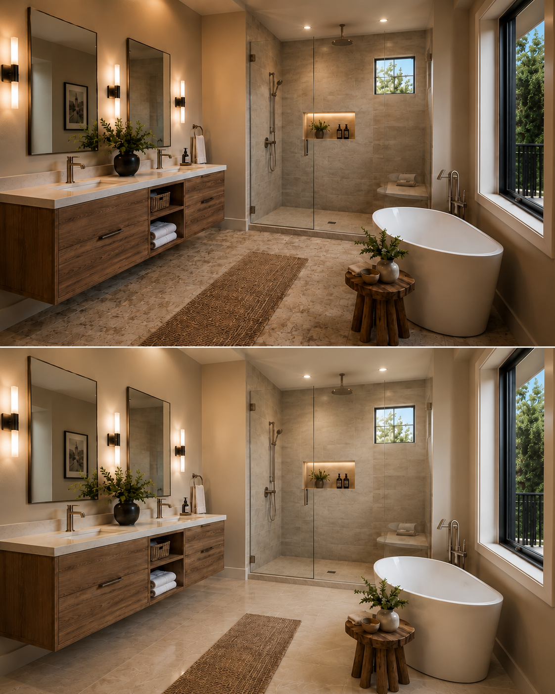 Baño moderno de color beige con tocador de madera, bañera independiente, alfombra y gran ventanal con vistas a la vegetación.