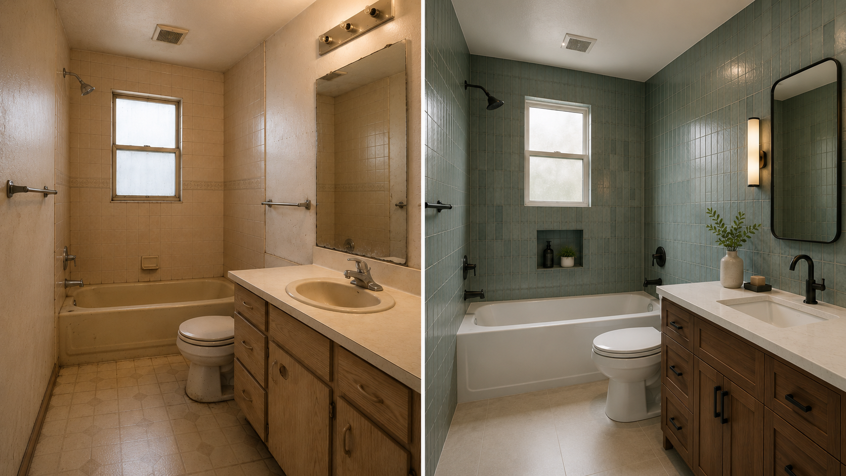 Antes y después de un baño contiguo: cuarto con bañera beige y baño renovado con azulejos verdes y tocador de madera.