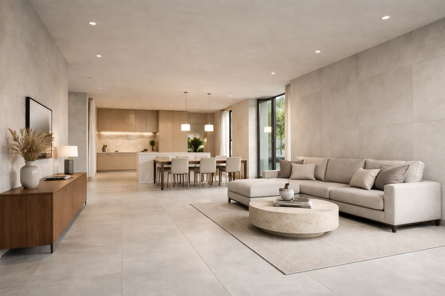 Salón-cocina moderno de planta abierta con sofá beige, mesa de centro redonda y decoración minimalista.