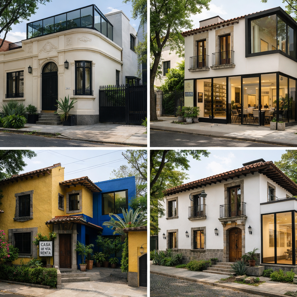 Cuatro fachadas de casas modernas con paredes de estuco, balcones, grandes ventanales y entradas ajardinadas.