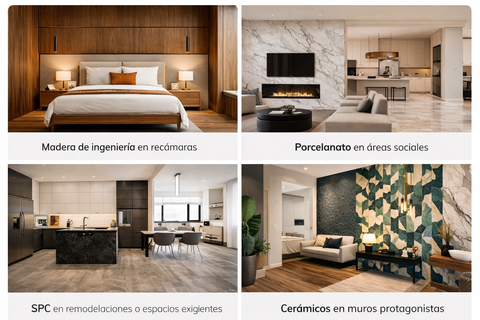 Cuatro ejemplos de diseño de interiores: dormitorio de madera, sala de estar de piedra, cocina moderna y pared con estampado verde.