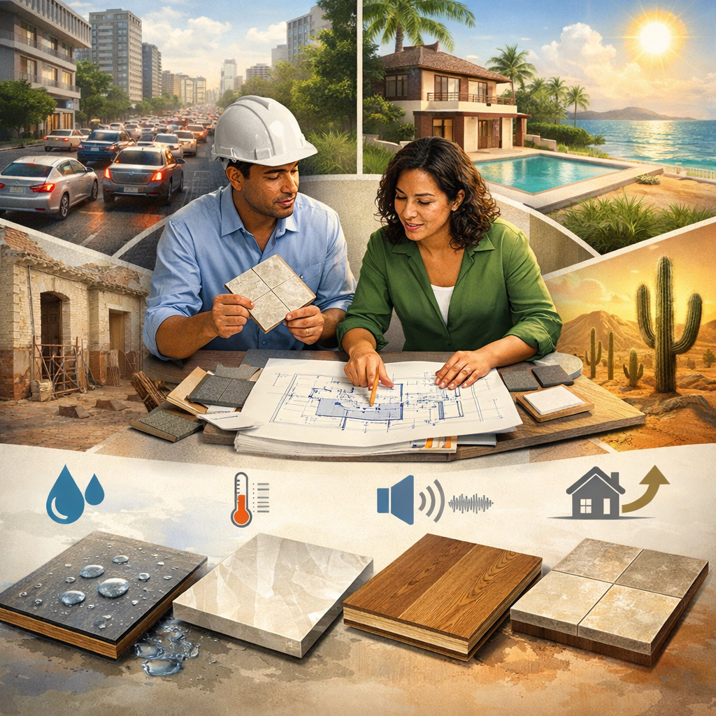 Ingenieros revisando planos de construcción en medio de escenas de desarrollo urbano y costero, con iconos de materiales y clima a continuación.