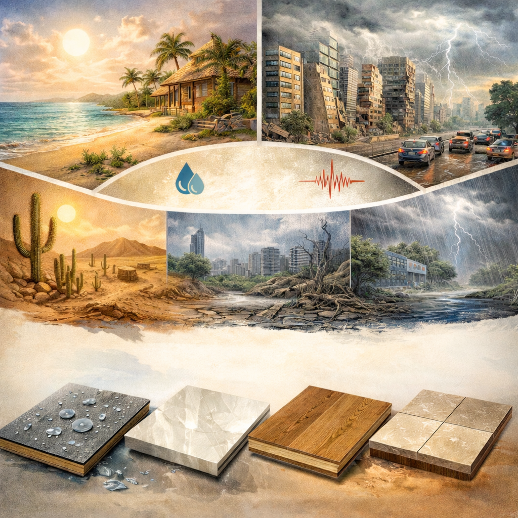 Collage sobre el cambio climático: paraíso costero, ciudad inundada, sequía, incendio forestal y daños causados ​​por tormentas, con materiales de construcción.