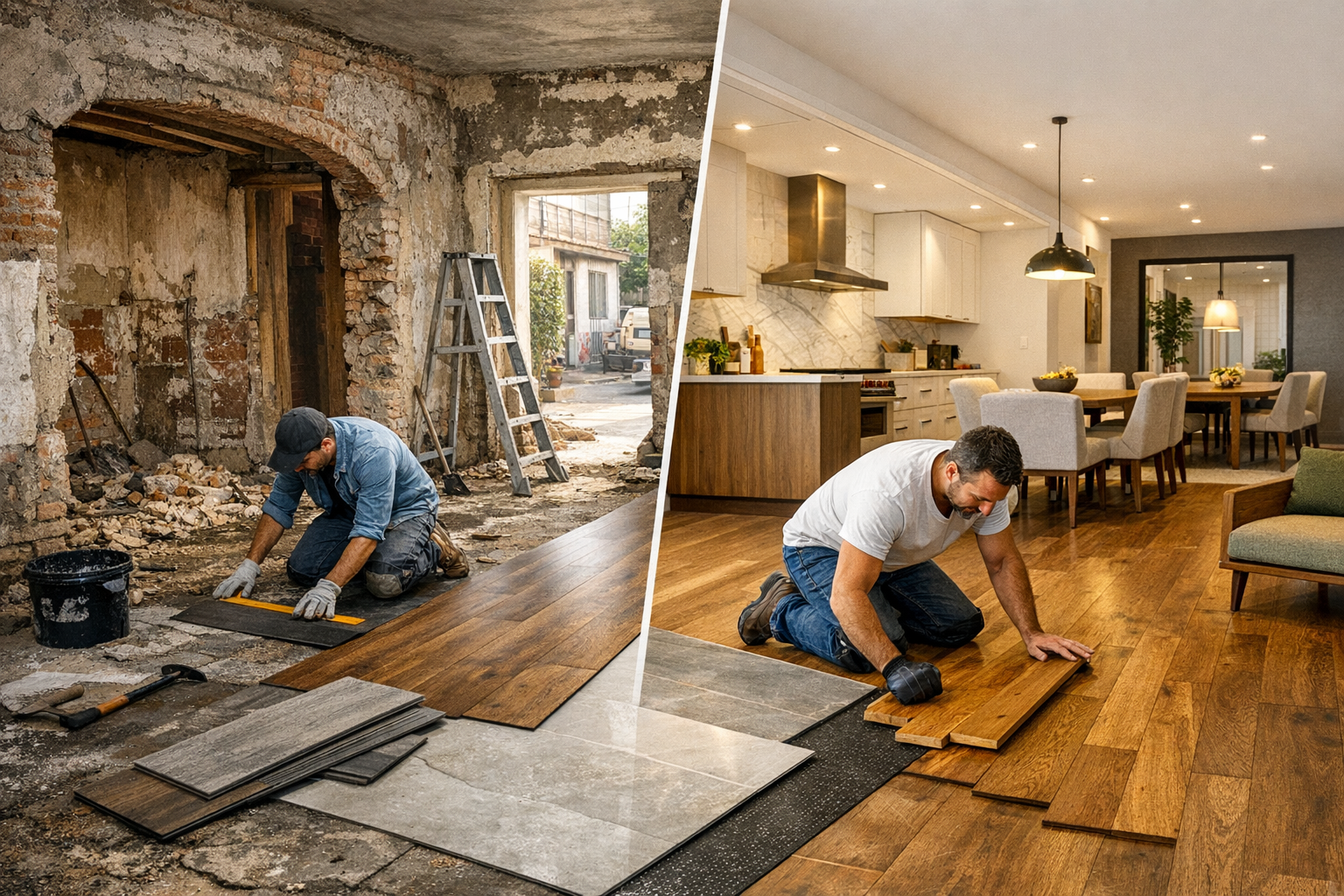 Imagen dividida de la reforma de una vivienda: un trabajador instalando el suelo en una habitación dañada y una zona de cocina-comedor terminada.