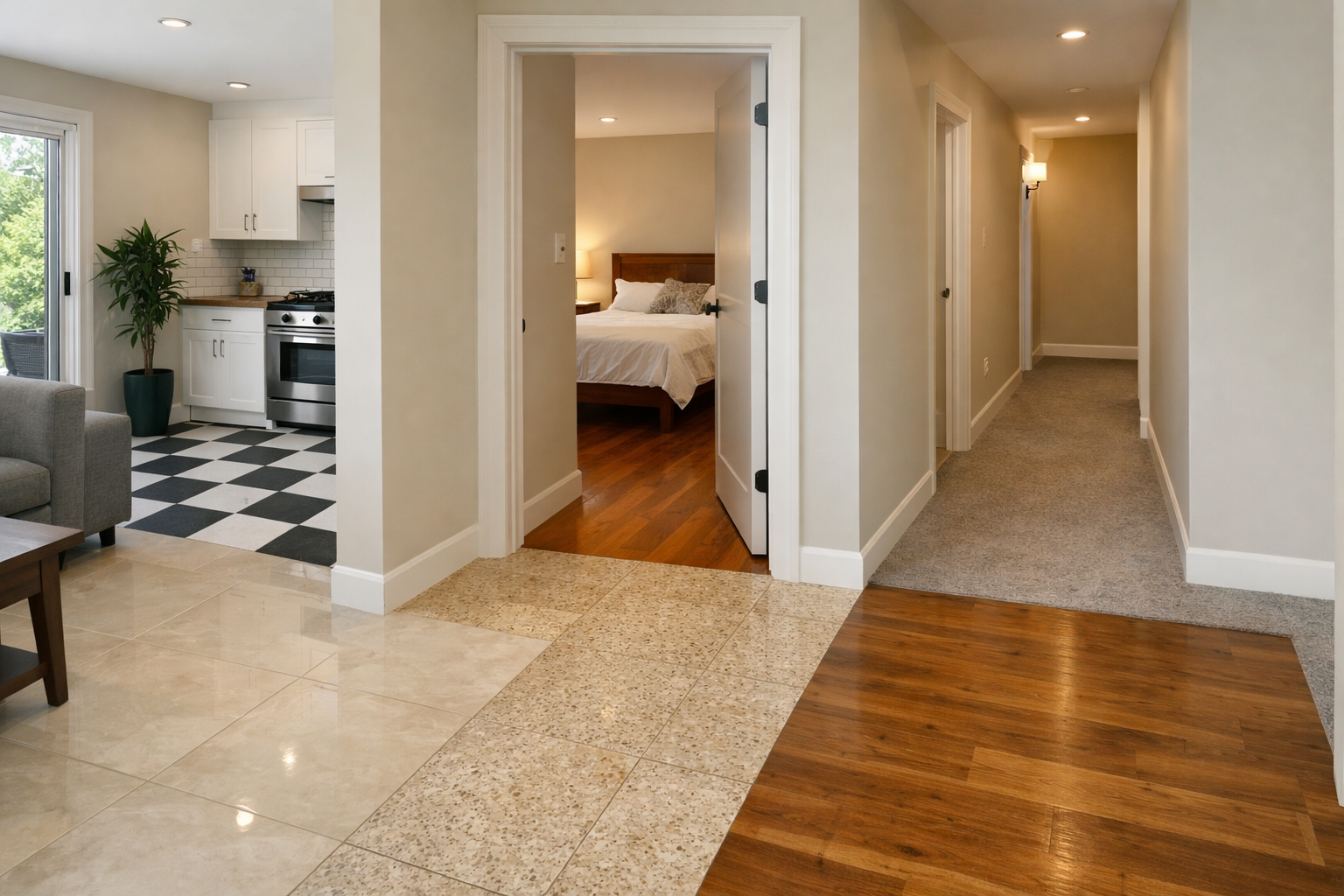 Pasillo luminoso en una casa con suelos de baldosas y madera, que conduce a un dormitorio y una sala de estar.