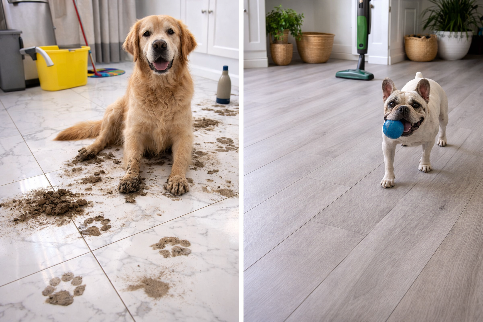 Un golden retriever en una cocina embarrada junto a huellas de patas; luego, un perro limpio sostiene una pelota azul en un suelo ordenado.