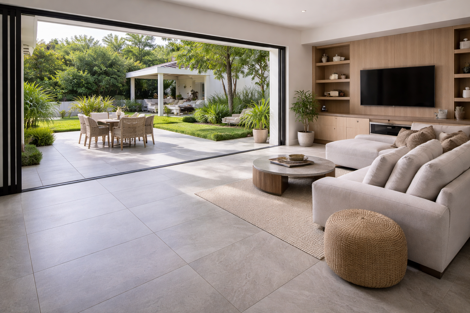 Salón moderno con sofá beige que da a un patio y a un jardín exuberante.