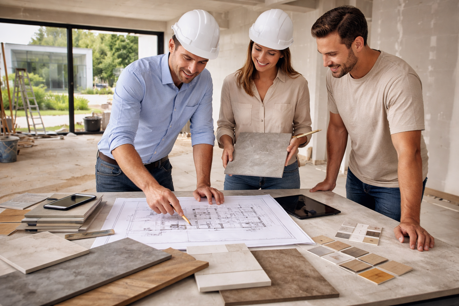 Tres obreros de la construcción, con cascos de seguridad, revisan los planos sobre una mesa en una obra.