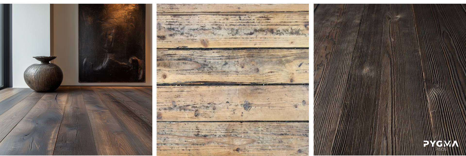 Tres muestras de suelos de madera: textura rústica oscura, textura desgastada clara y textura de tablones oscuros con estampado.