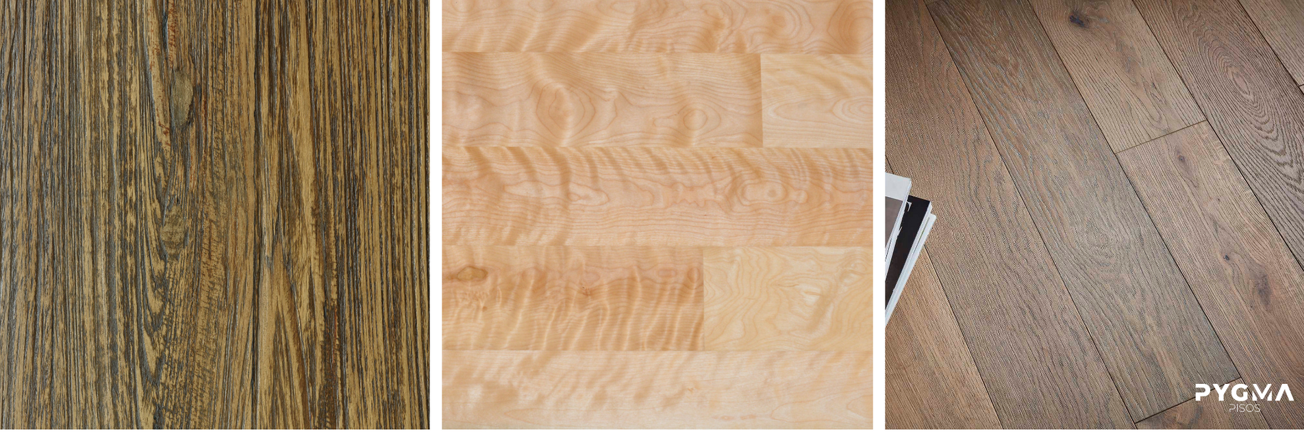 Tres muestras de suelo de madera: tablones oscuros a rayas, tablones de arce claro y tablones grises envejecidos.