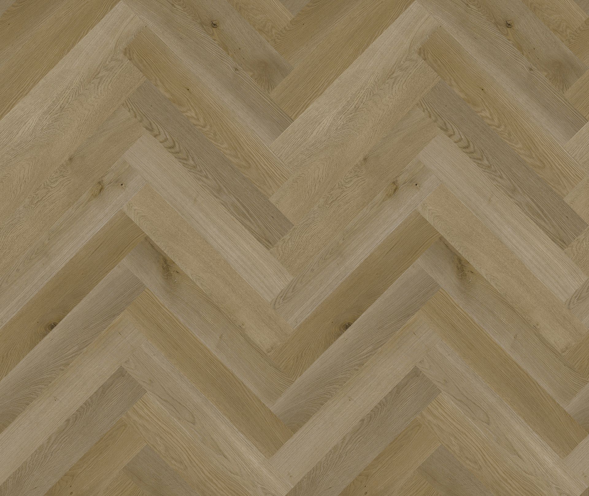 Suelo de madera de color tostado con diseño de espiga y patrón de chevrón repetitivo.