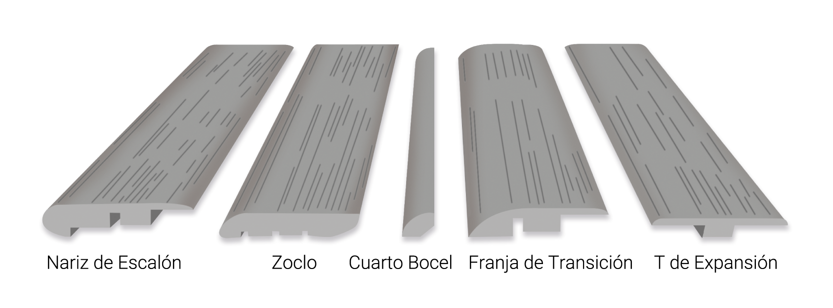 Cinco muestras de suelo texturizado gris expuestas una al lado de la otra, cada una con un acabado superficial diferente.