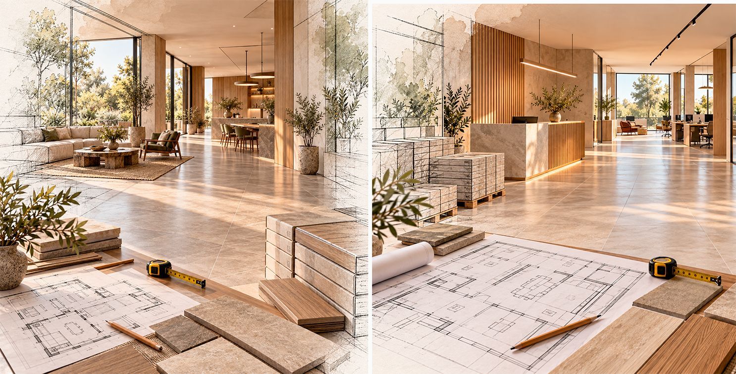Dos planos de apartamentos contiguos, uno amueblado y otro vacío, que muestran una pequeña cocina y una sala de estar.