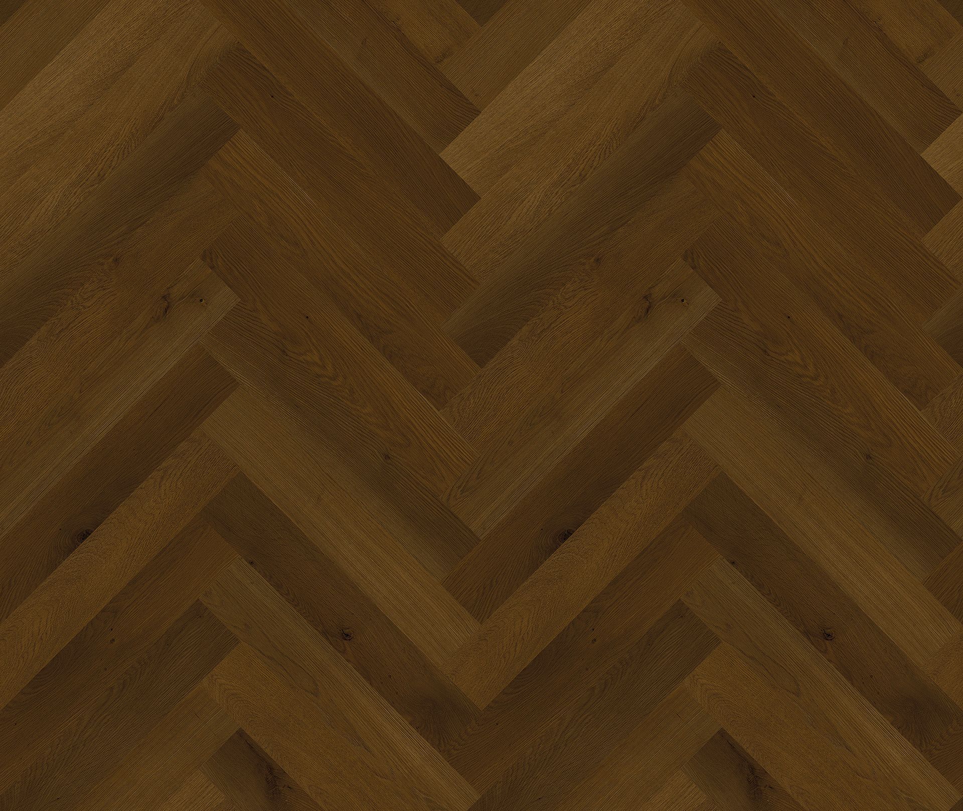 Suelo de madera marrón con diseño de espiga y vetas claras y oscuras.