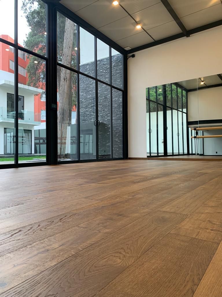 Habitación moderna vacía con grandes ventanales que van del suelo al techo, suelo de madera y marcos de metal negro.