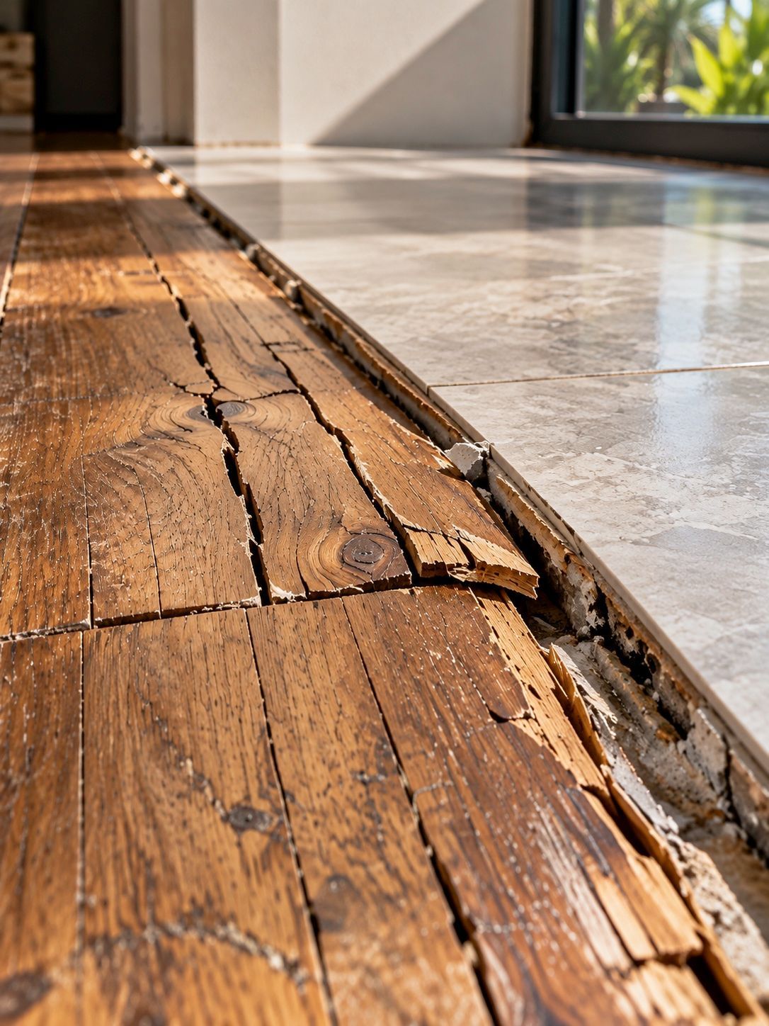 Piso de madera y junta con porcelanato dañados por los cambios temperatura y humedad
