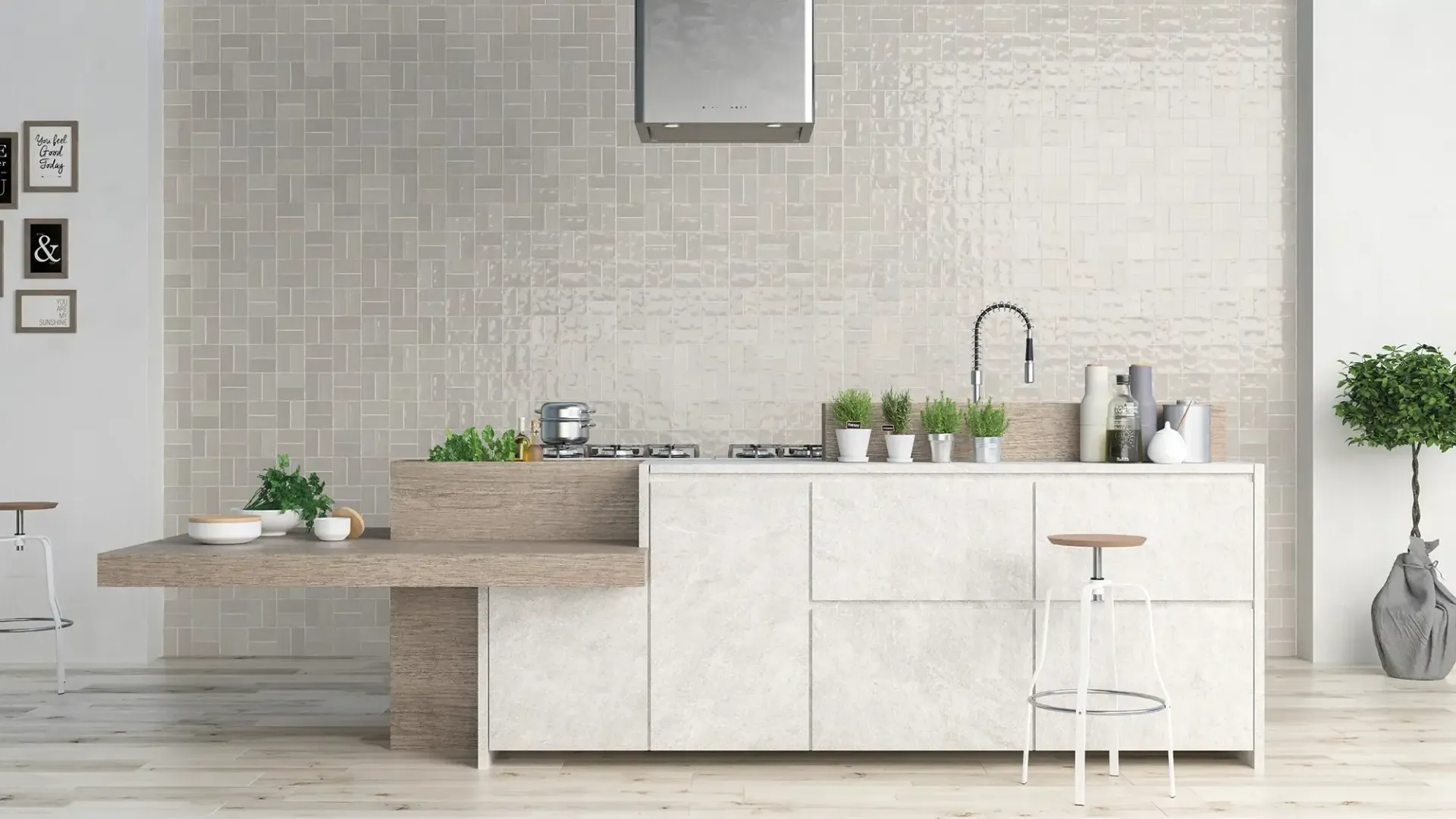 Cocina moderna minimalista con gabinetes de madera clara, salpicadero de azulejos, fregadero y taburete blanco.