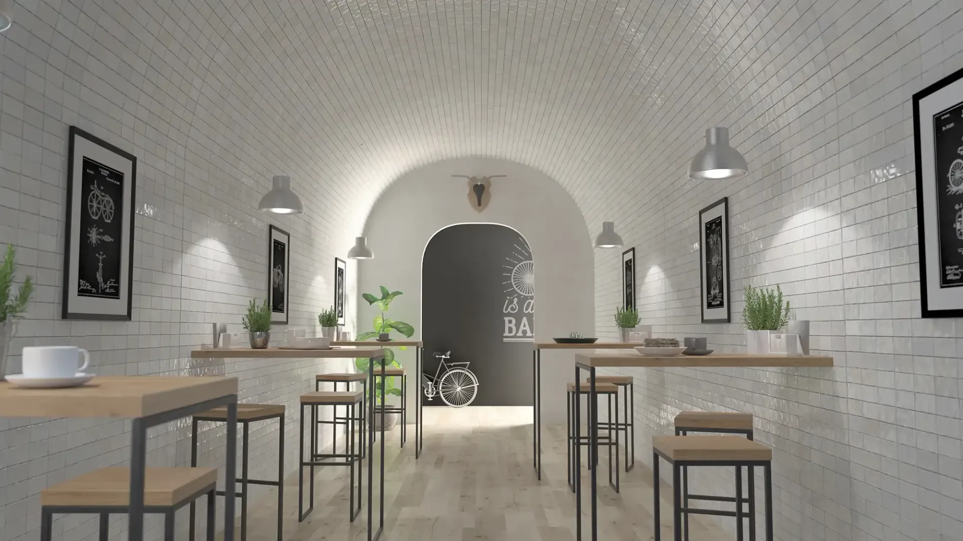Interior minimalista de una cafetería con paredes blancas arqueadas, mesas y taburetes de madera y una iluminación colgante suave.