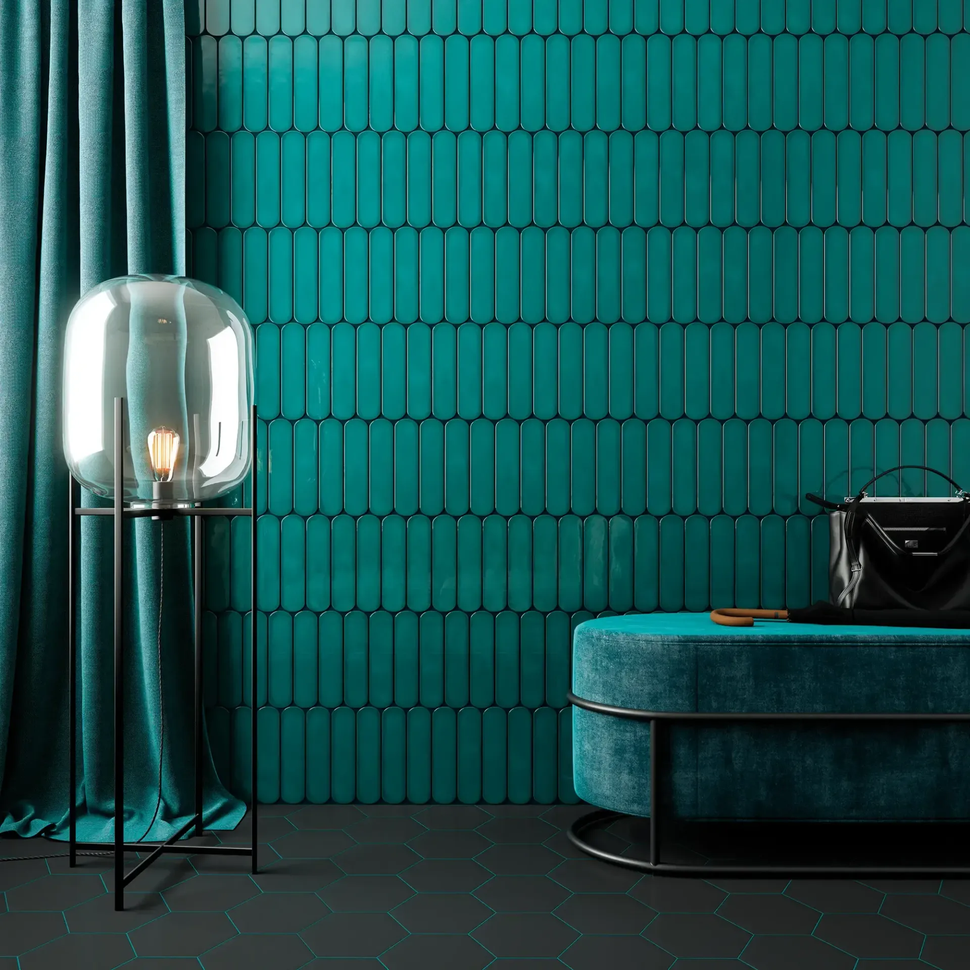 Salón moderno de color verde azulado con lámpara de pie, pared texturizada y sofá redondeado.