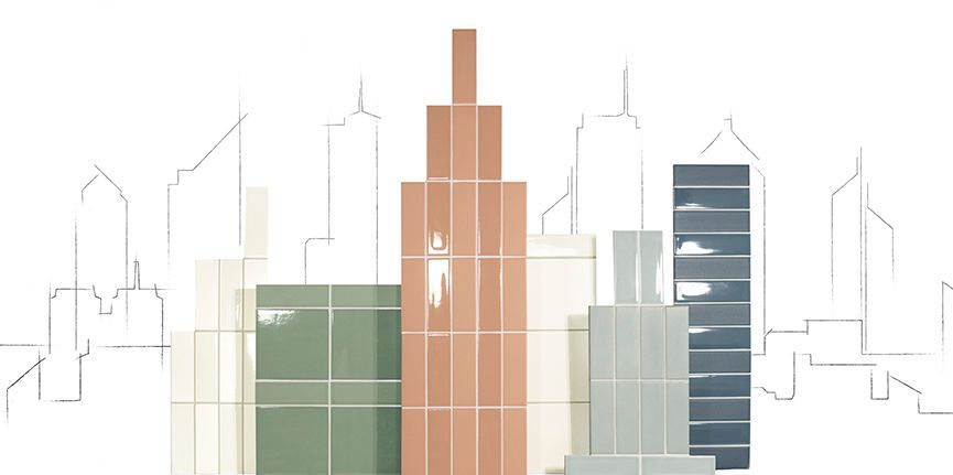 Silueta urbana estilizada con edificios en tonos pastel y contornos que parecen bocetos.